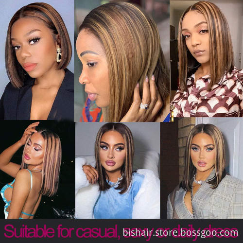 Glue-free highlight short Bob wig Brazilian straight hair 4/27 Gradient brown honey blond hair Lace front real human hair wig